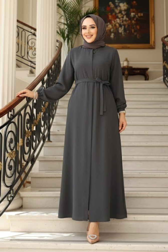 Kemerli Füme Tesettür Ferace 26391FU - N.S NEVA STYLE