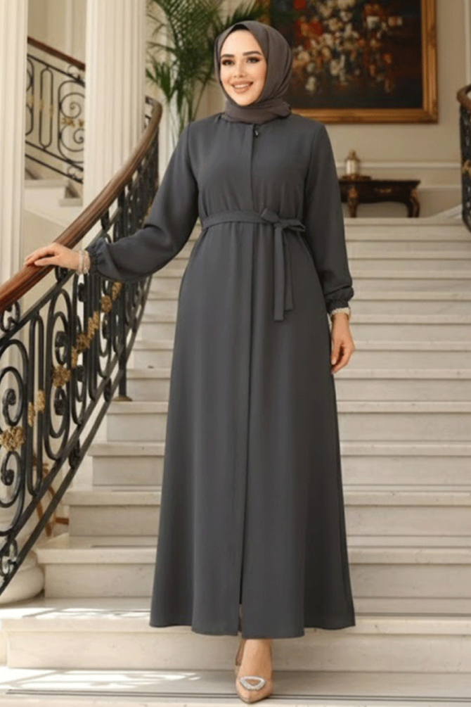 Kemerli Füme Tesettür Ferace 26391FU - 1