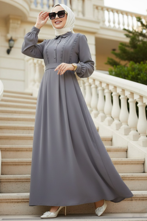Kemerli Gri Tesettür Elbise 10308GR 