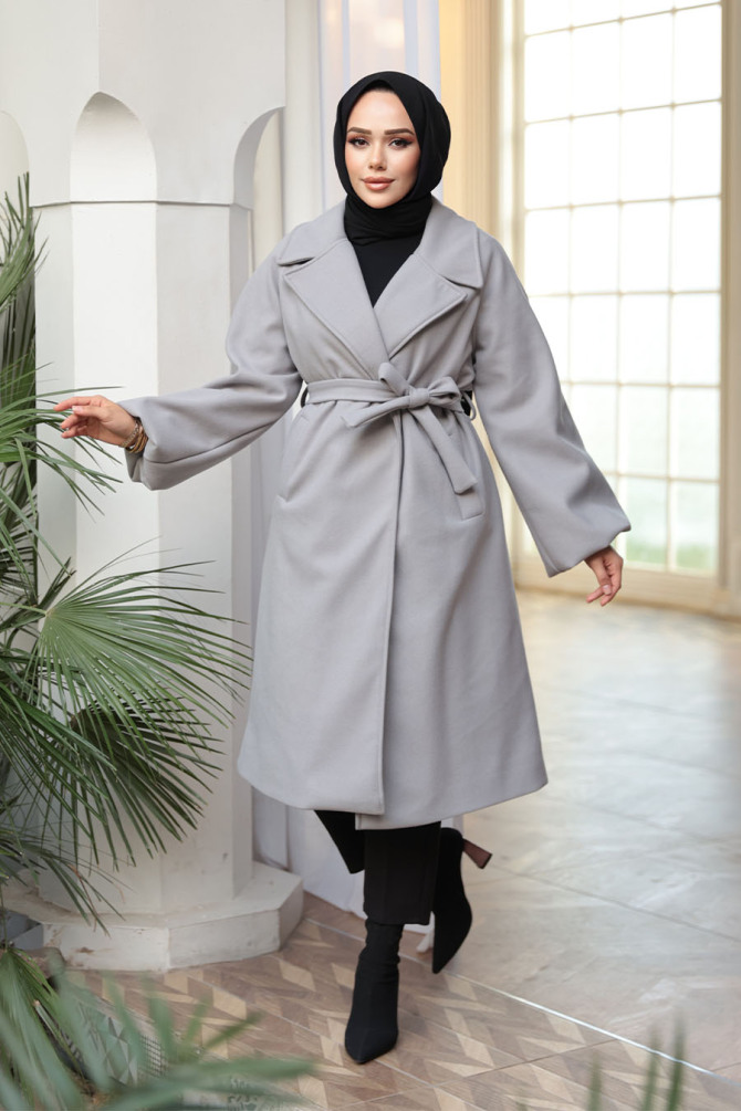 Kemerli Gri Tesettür Kaşe Kaban 61631GR - N.S NEVA STYLE