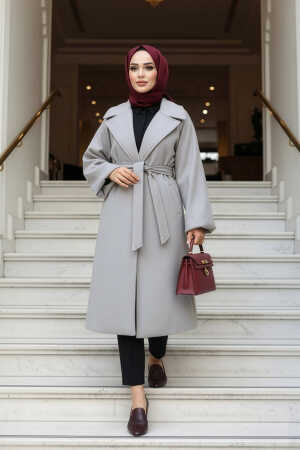 Kemerli Gri Tesettür Kaşe Kaban 61631GR - N.S NEVA STYLE