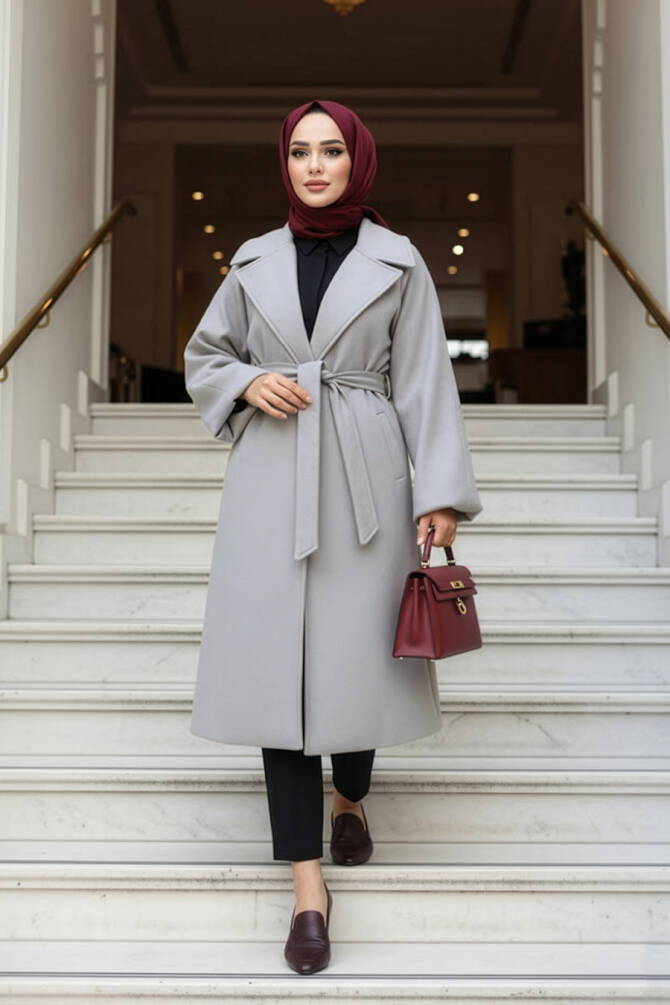 Kemerli Gri Tesettür Kaşe Kaban 61631GR - N.S NEVA STYLE