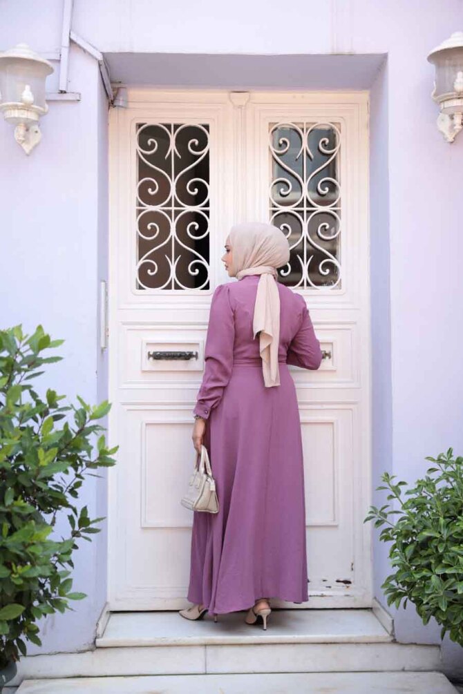 Kemerli Gül Kurusu Tesettür Elbise 6621GK - 2