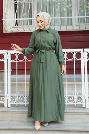 Kemerli Haki Tesettür Elbise 7238HK - 1