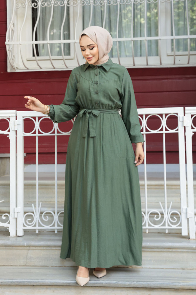 Kemerli Haki Tesettür Elbise 7238HK - 1