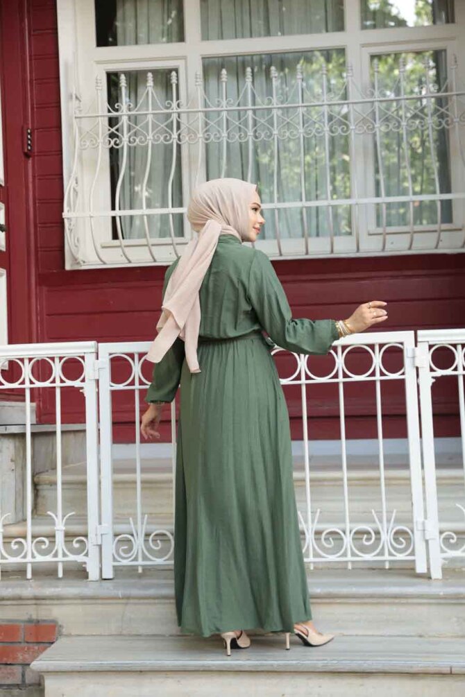 Kemerli Haki Tesettür Elbise 7238HK - 4
