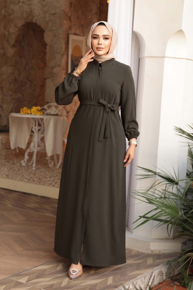 Kemerli Haki Tesettür Ferace 26391HK - 2