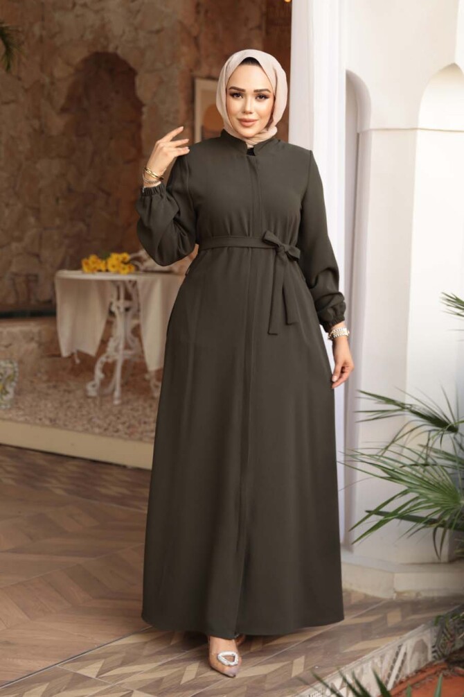 Kemerli Haki Tesettür Ferace 26391HK - 1