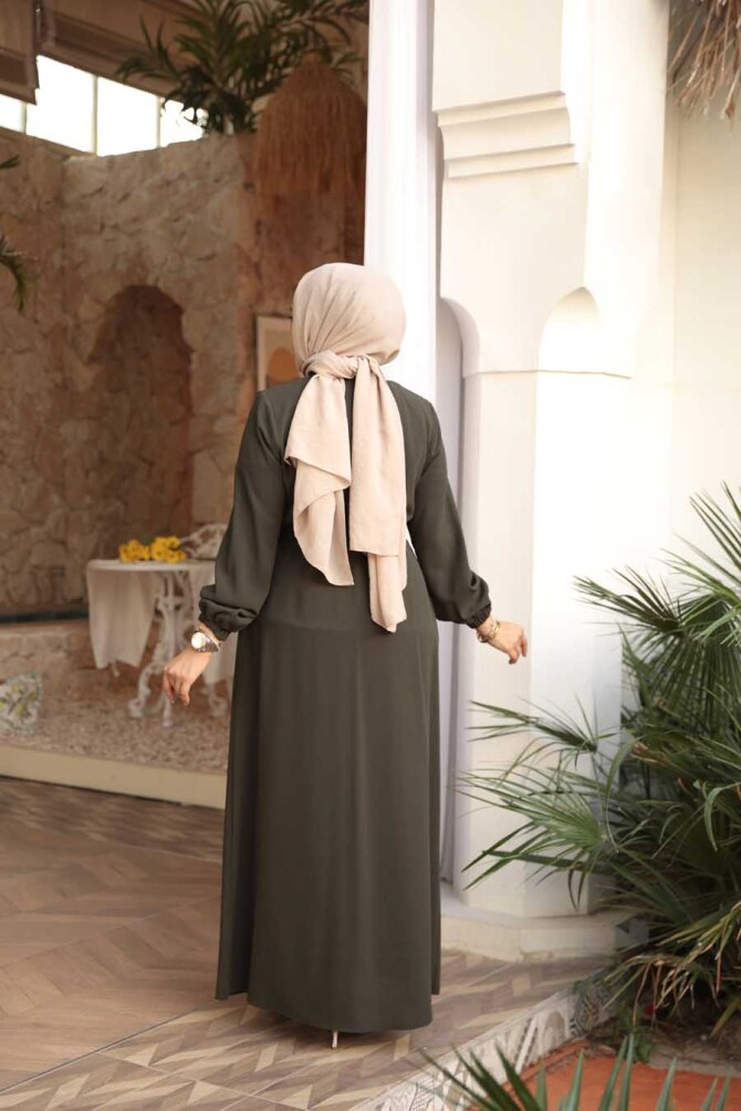 Kemerli Haki Tesettür Ferace 26391HK - 3
