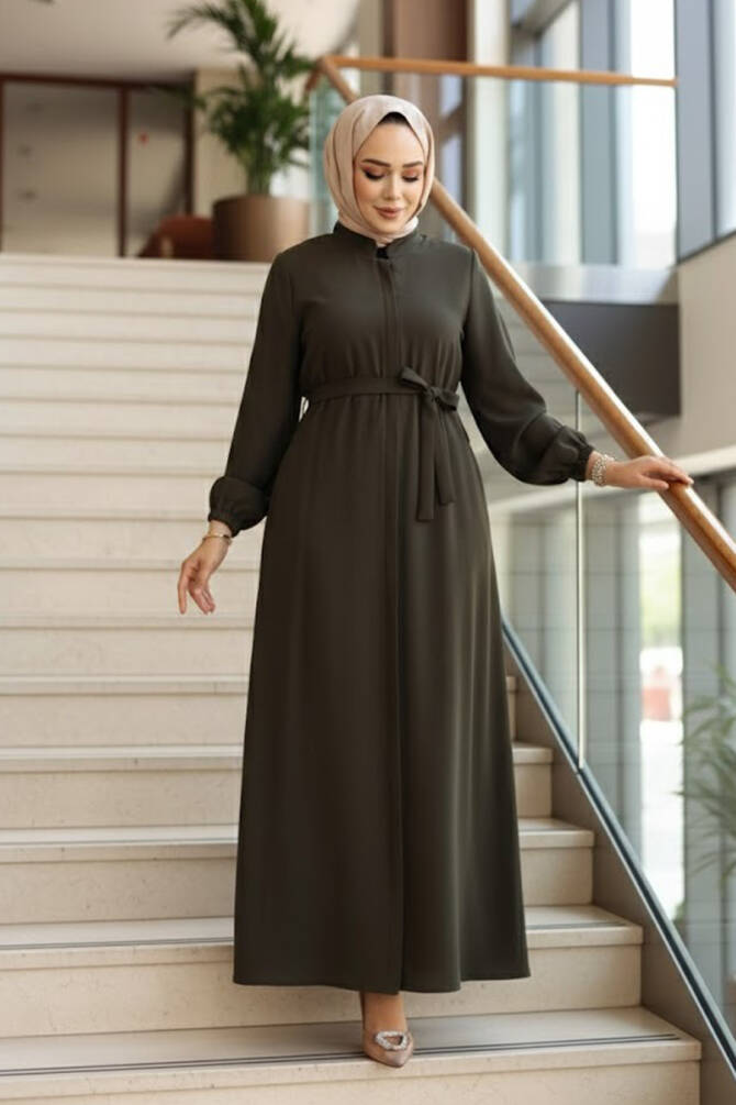 Kemerli Haki Tesettür Ferace 26391HK - N.S NEVA STYLE