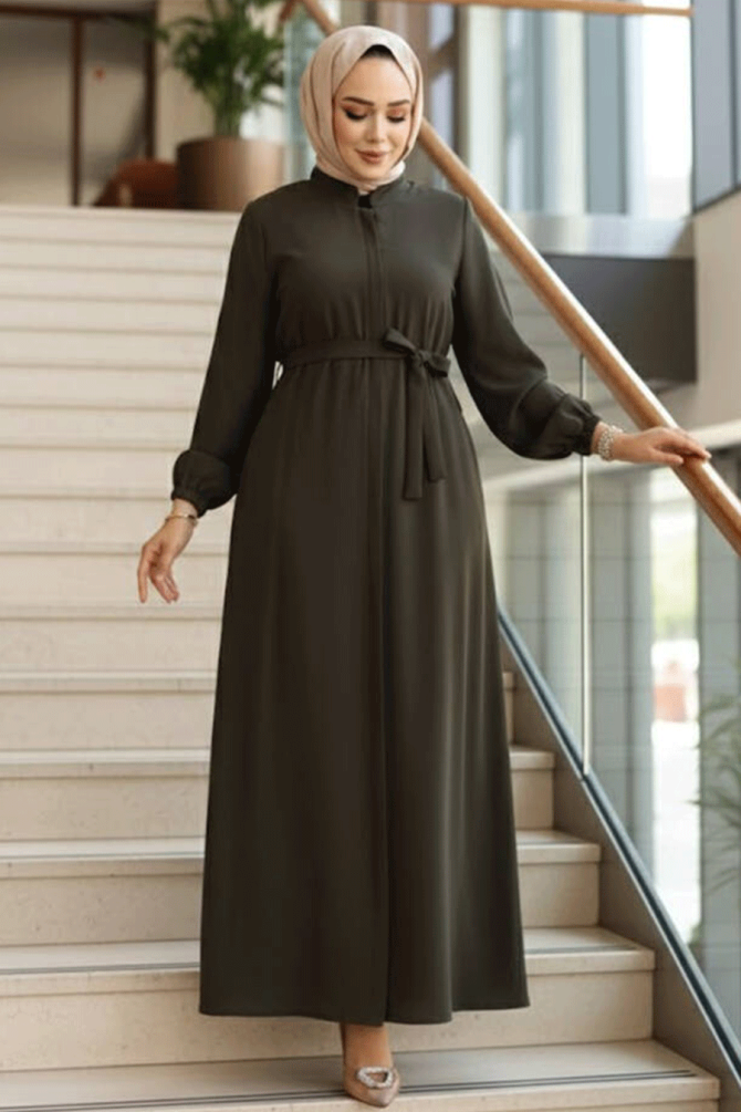 Kemerli Haki Tesettür Ferace 26391HK - 1