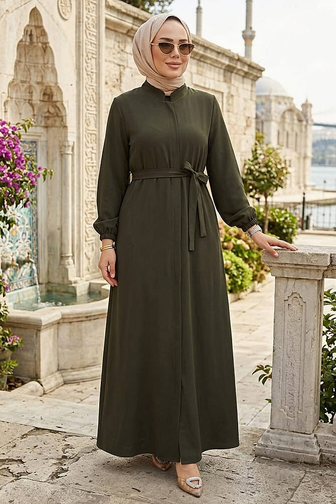 Kemerli Haki Tesettür Ferace 26391HK - 1