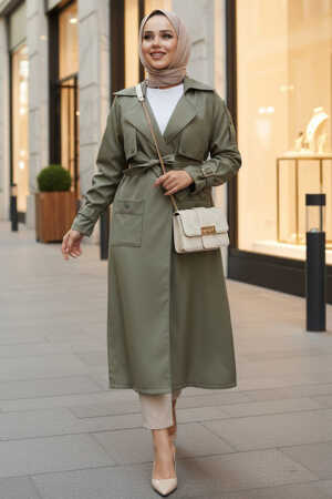 Kemerli Haki Tesettür Trençkot 10701HK - N.S NEVA STYLE