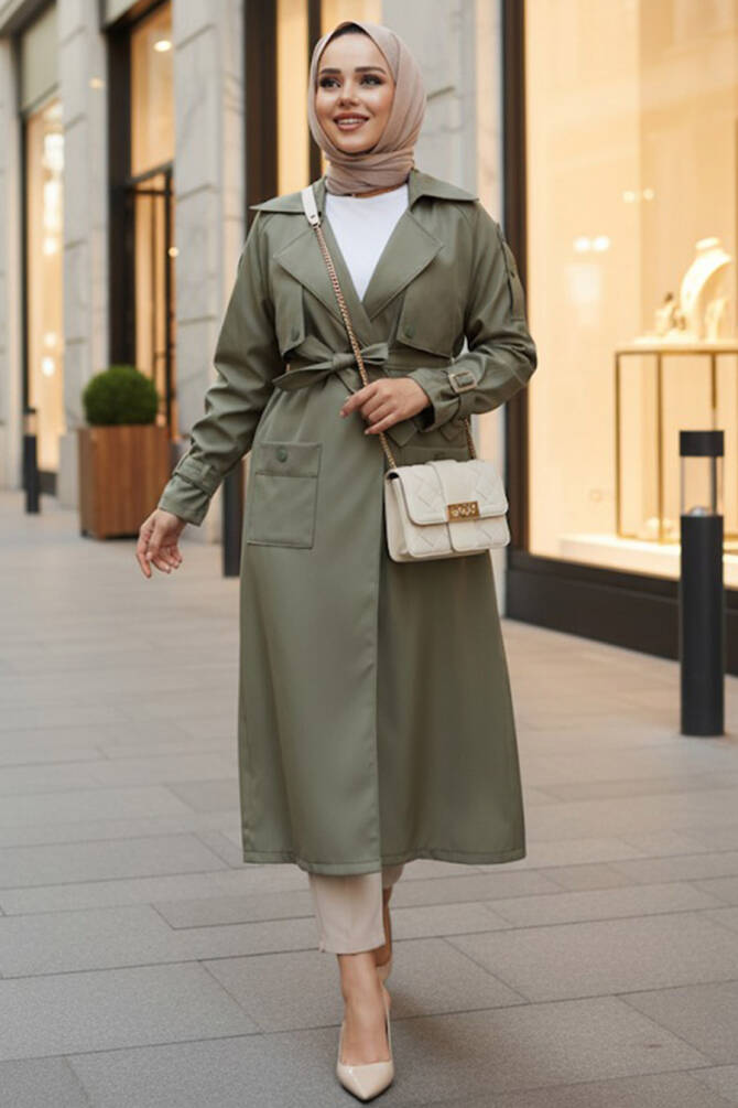 Kemerli Haki Tesettür Trençkot 10701HK - 1
