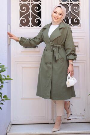 Kemerli Haki Tesettür Trençkot 62181HK 