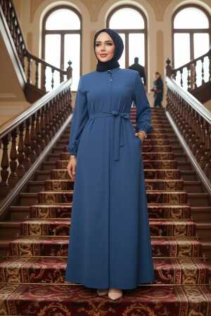 Kemerli İndigo Mavisi Tesettür Ferace 26391IM 