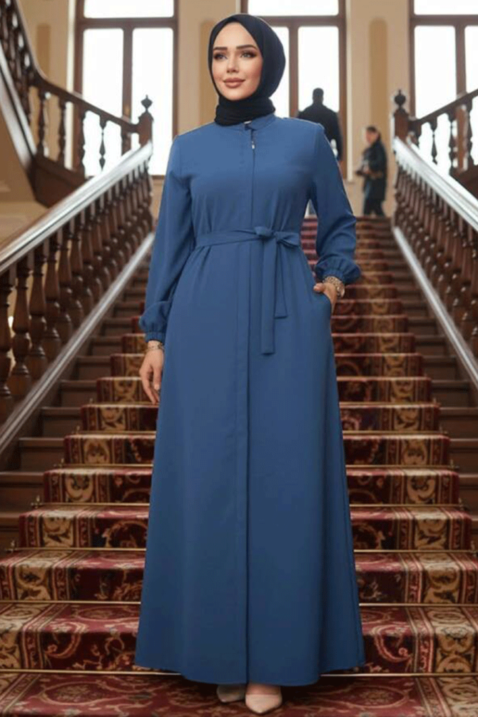Kemerli İndigo Mavisi Tesettür Ferace 26391IM - 1