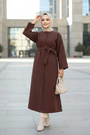 Kemerli Kahverengi Kaşe Tesettür Kaban 61302KH - NEVA STYLE