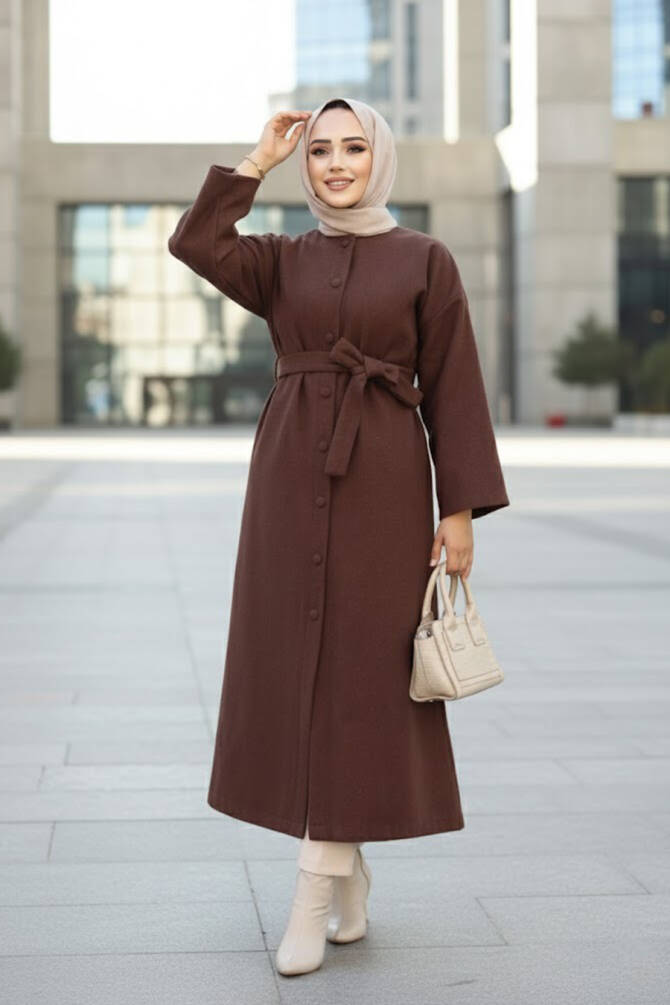 Kemerli Kahverengi Kaşe Tesettür Kaban 61302KH - 1