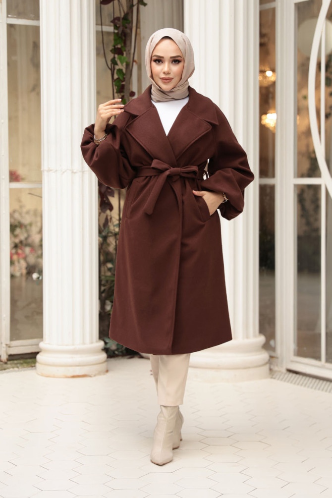 Kemerli Kahverengi Tesettür Kaşe Kaban 61631KH - N.S NEVA STYLE