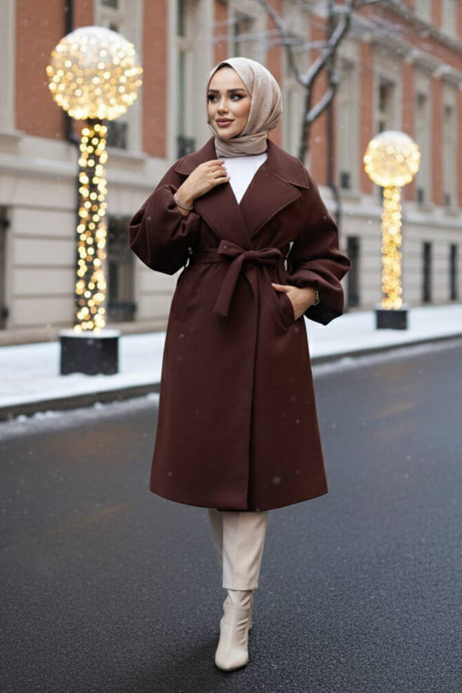 Kemerli Kahverengi Tesettür Kaşe Kaban 61631KH - N.S NEVA STYLE