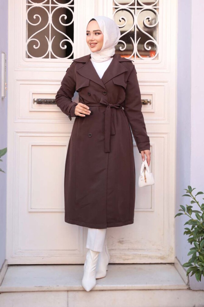 Kemerli Kahverengi Tesettür Trençkot 62481KH - N.S NEVA STYLE