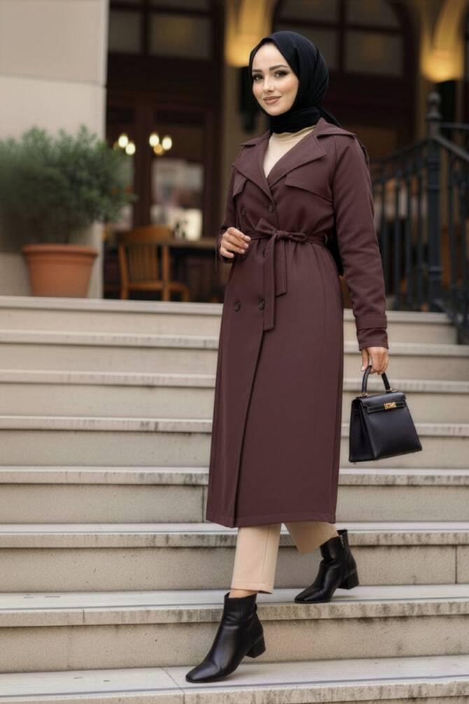 Kemerli Kahverengi Tesettür Trençkot 62481KH - N.S NEVA STYLE