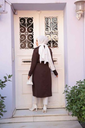 Kemerli Kahverengi Tesettür Trençkot 62481KH - 4