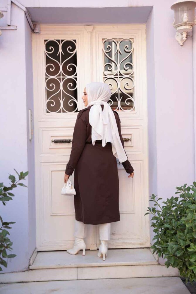 Kemerli Kahverengi Tesettür Trençkot 62481KH - 4