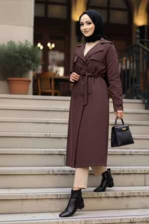 Kemerli Kahverengi Tesettür Trençkot 62481KH - 1