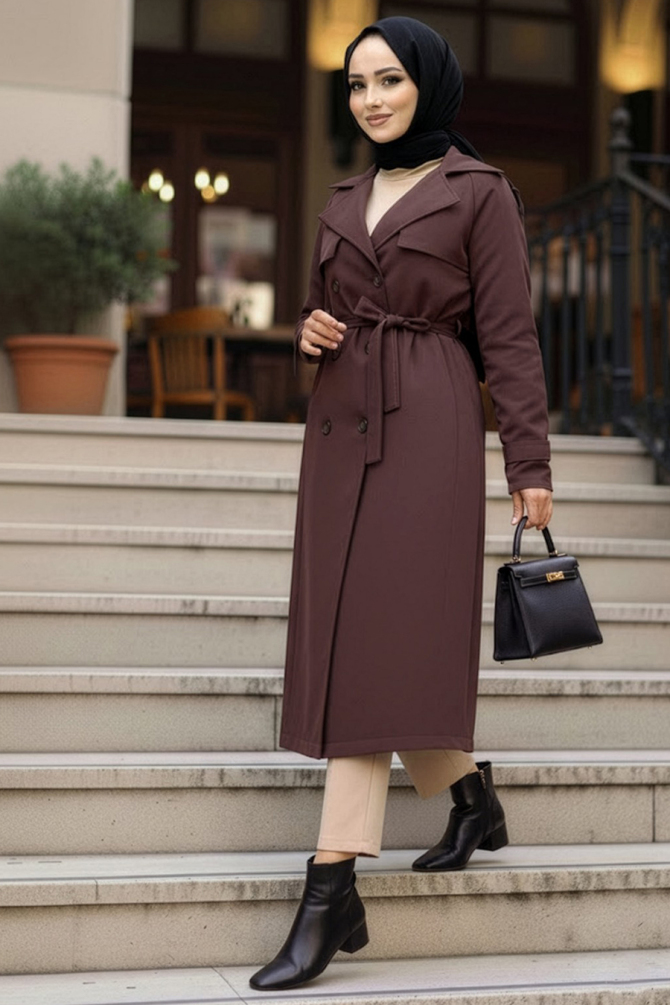 Kemerli Kahverengi Tesettür Trençkot 62481KH - N.S NEVA STYLE