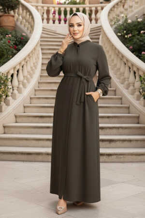 Kemerli Koyu Haki Tesettür Ferace 26391KHK 