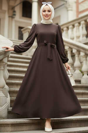 Kemerli Koyu Kahverengi Tesettür Elbise 23101KKH - 1