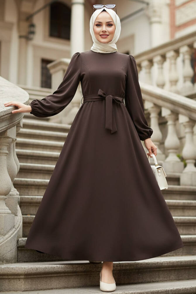 Kemerli Koyu Kahverengi Tesettür Elbise 23101KKH - 1