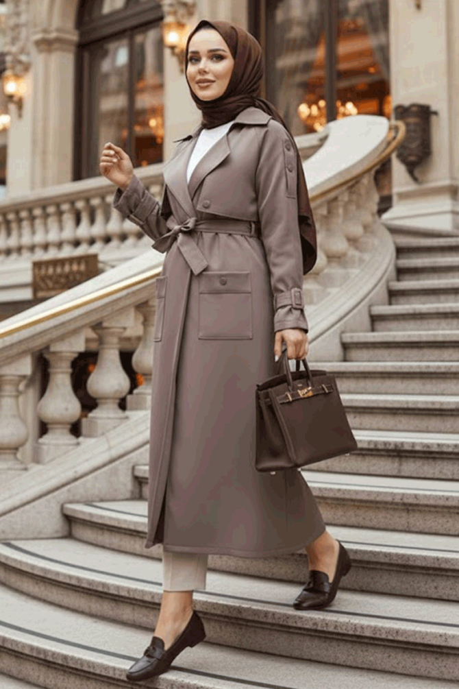 Kemerli Koyu Vizon Tesettür Trençkot 10701KV - 1