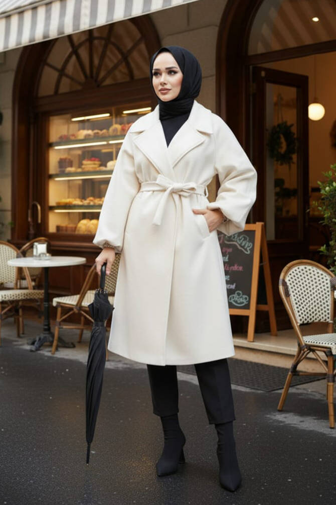 Kemerli Krem Tesettür Kaşe Kaban 61631KR - N.S NEVA STYLE