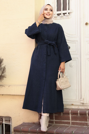 Kemerli Lacivert Kaşe Tesettür Kaban 61302L - NEVA STYLE