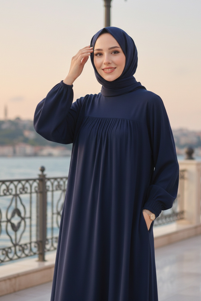 Kemerli Lacivert Tesettür Elbise 23841L - 2