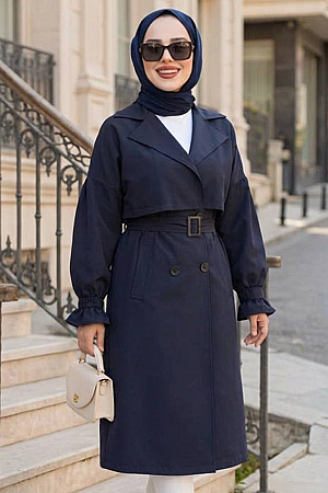 Kemerli Lacivert Tesettür Trençkot 26421L - N.S NEVA STYLE