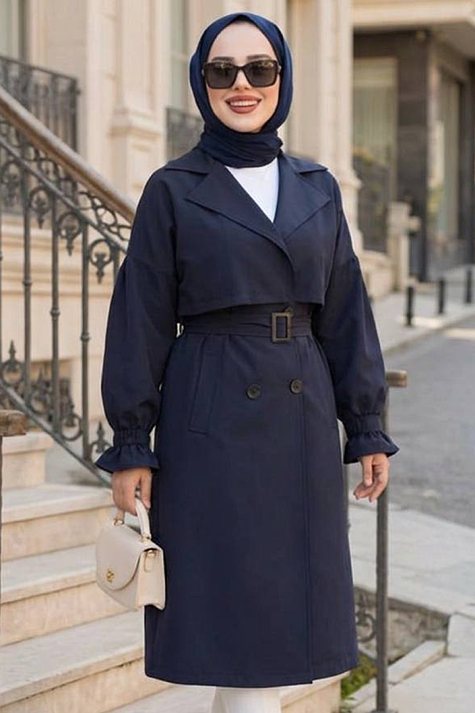 Kemerli Lacivert Tesettür Trençkot 26421L - 1