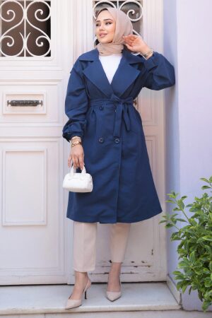Kemerli Lacivert Tesettür Trençkot 62181L - 3