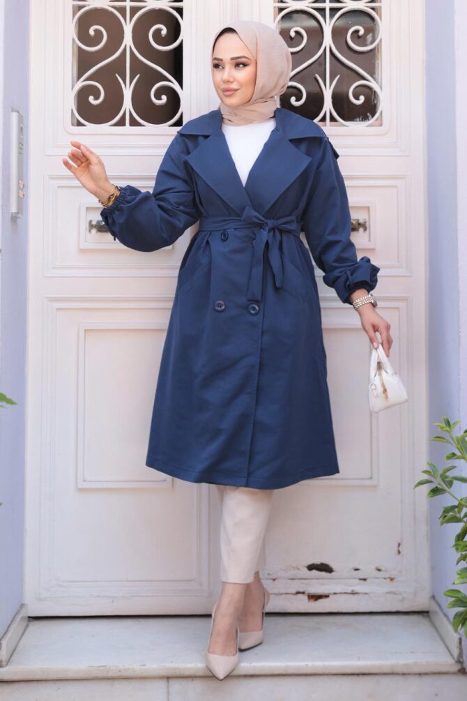 Kemerli Lacivert Tesettür Trençkot 62181L - 1
