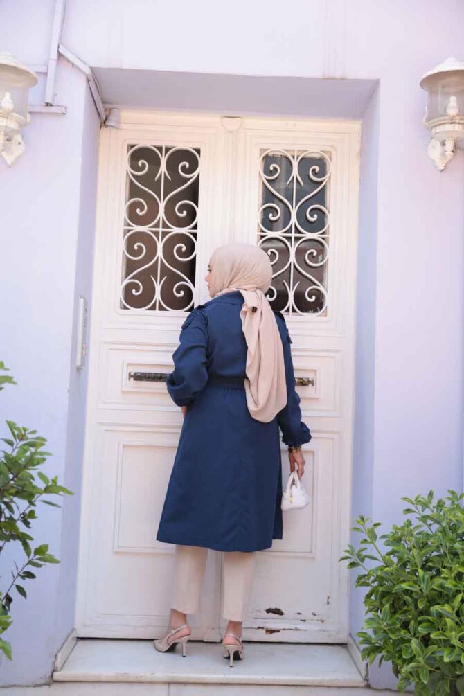 Kemerli Lacivert Tesettür Trençkot 62181L - 4