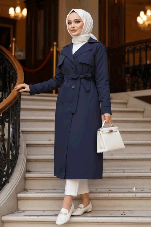 Kemerli Lacivert Tesettür Trençkot 62481L - N.S NEVA STYLE
