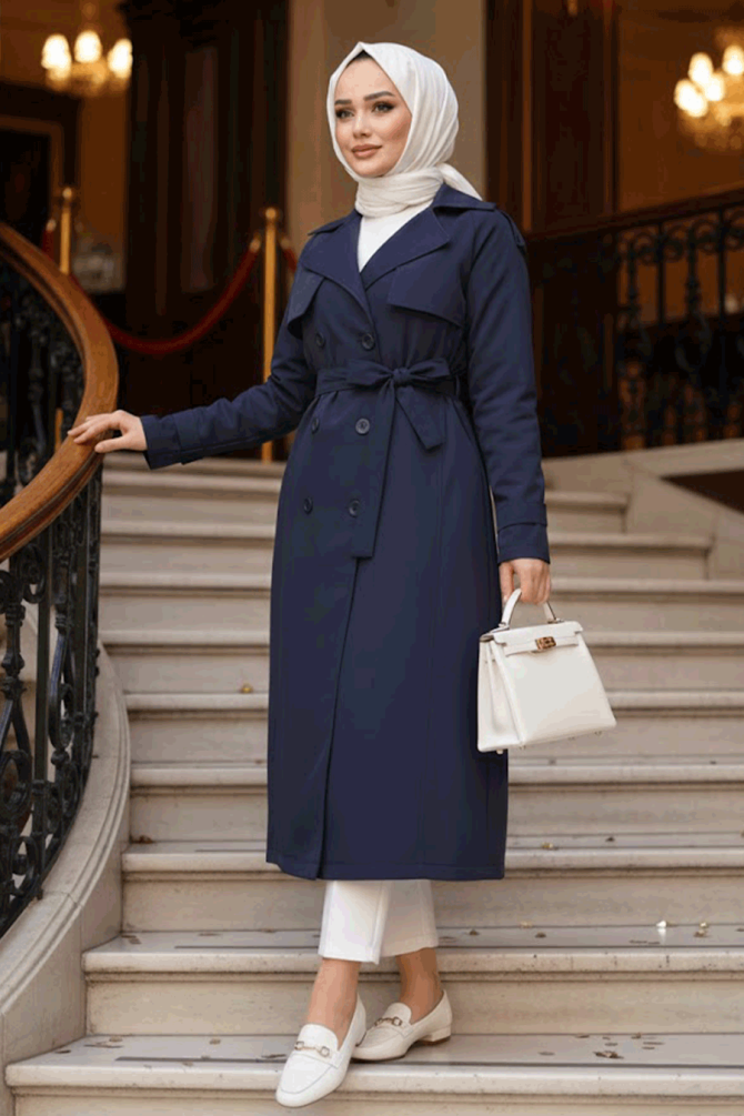 Kemerli Lacivert Tesettür Trençkot 62481L - 1