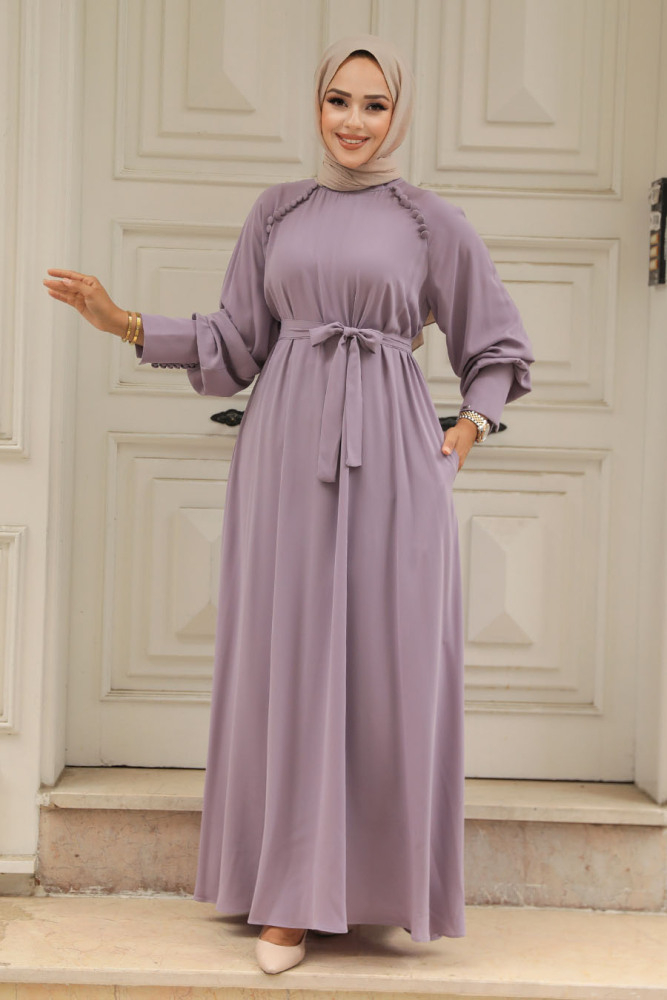 Kemerli Lila Tesettür Elbise 330104LILA - 1