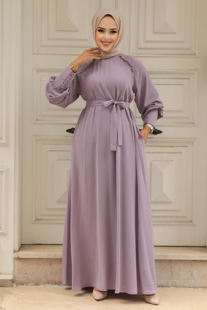 Kemerli Lila Tesettür Elbise 330104LILA - 2
