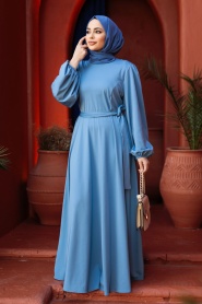 Kemerli Mavi Tesettür Elbise 23101M - Thumbnail