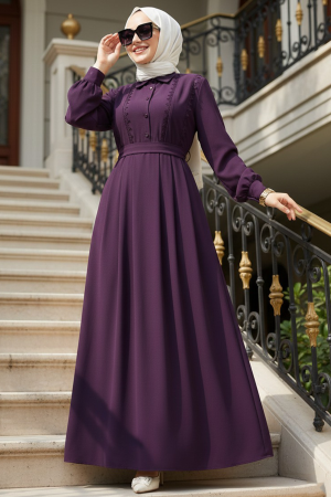 Kemerli Mor Tesettür Elbise 10308MOR 
