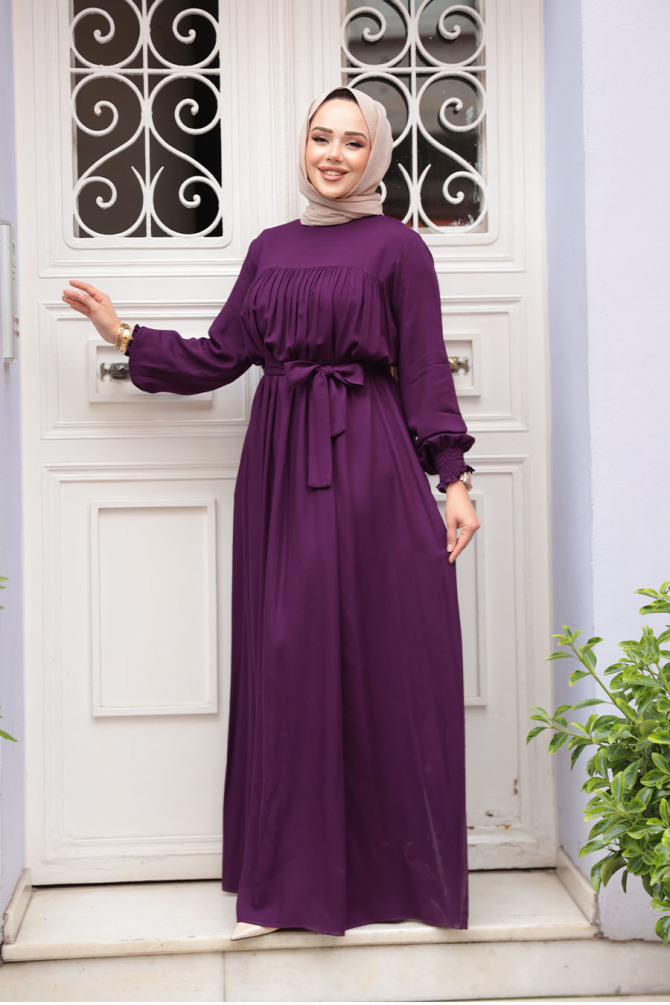 Kemerli Mürdüm Tesettür Elbise 23841MU - 3